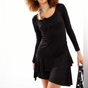 Monki black scoop neck long sleeve mini dress with ruffle detail